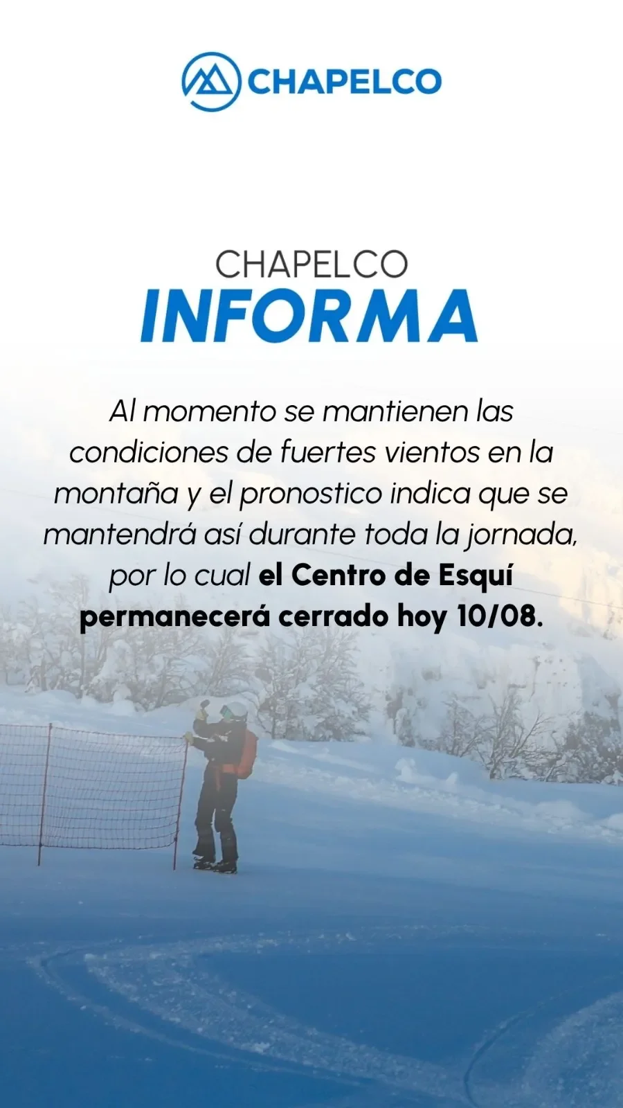 Cierre temporal del centro de esquí de Chapelco por fuertes vientos